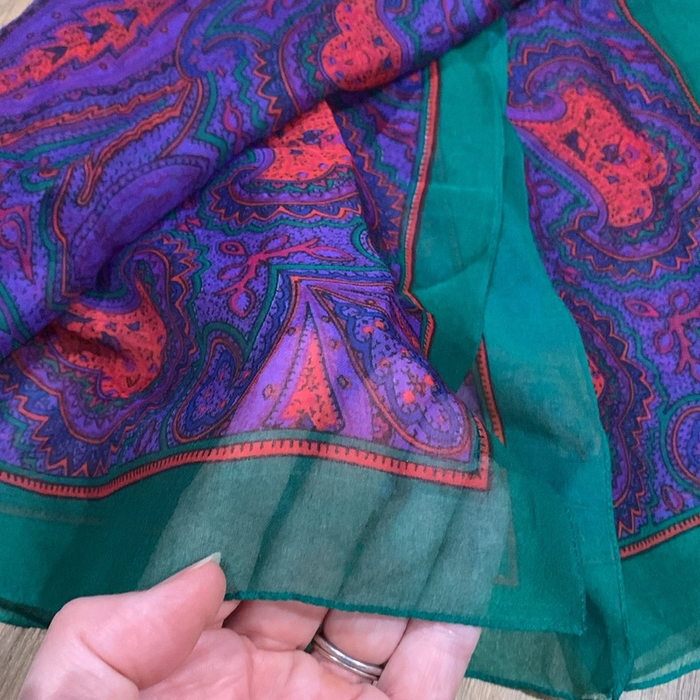 Axcess 90’s vintage delicate sheer scarf purple red and green paisley 30” x 30” - Picture 3 of 5